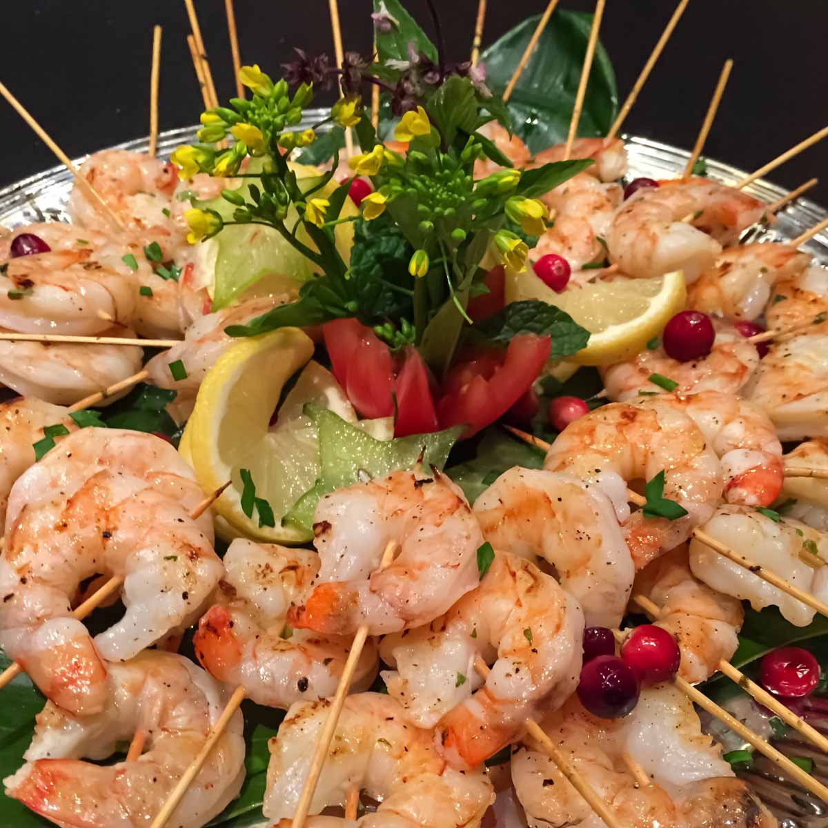 Shrimp skewers and garnish