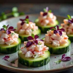 Crab salad on cucumber with radicchio garnish